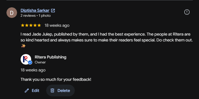 Five-star Google review from Diptisha Sarkar praising Ritera Publishing after reading Jade Julep