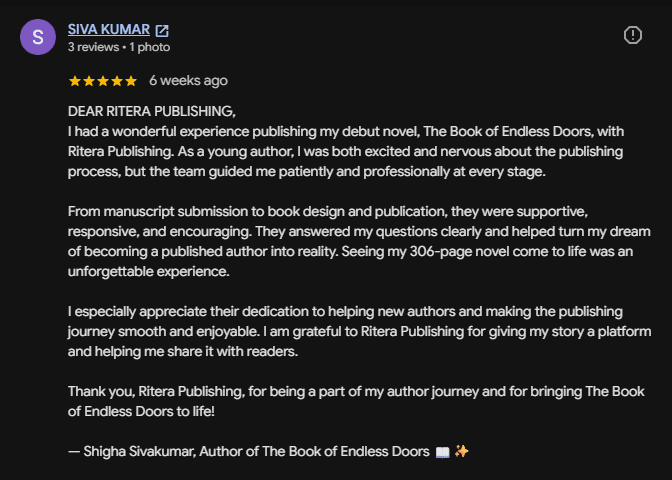 Five-star Google review from Siva Kumar about publishing The Book of Endless Doors with Ritera