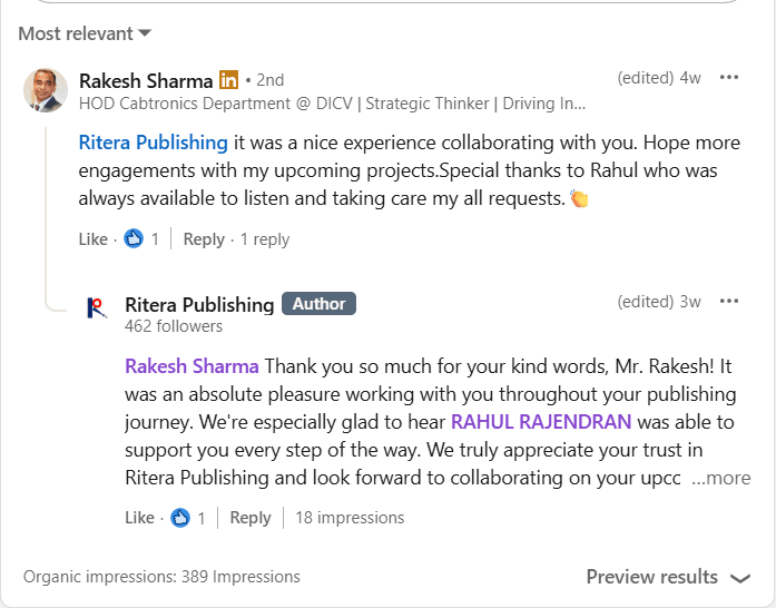 LinkedIn thread where Rakesh Sharma thanks Ritera Publishing, with a reply from the team