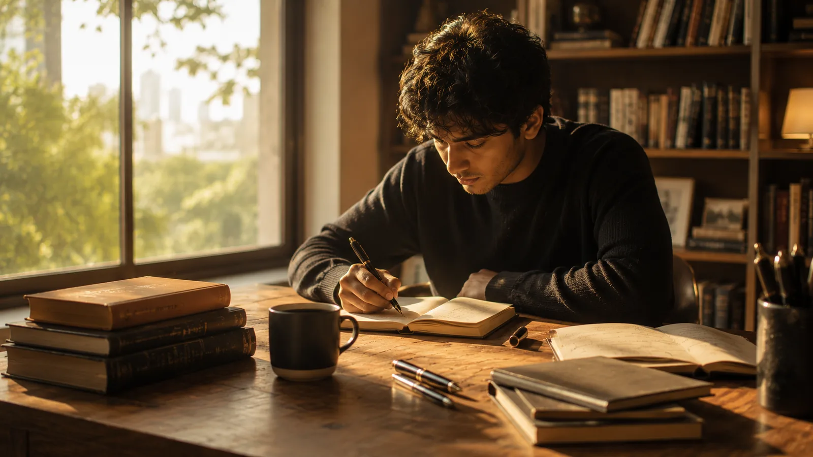 A first-time author writing in a notebook at a sunlit desk with books and coffee