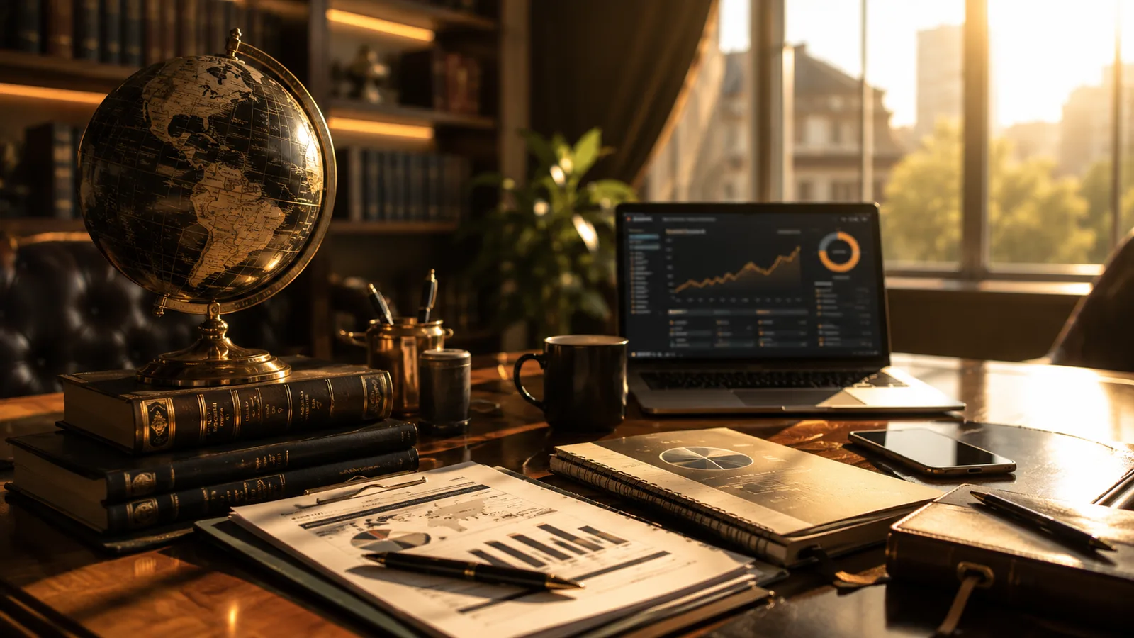 A golden globe beside a laptop showing analytics on an elegant office desk at sunset