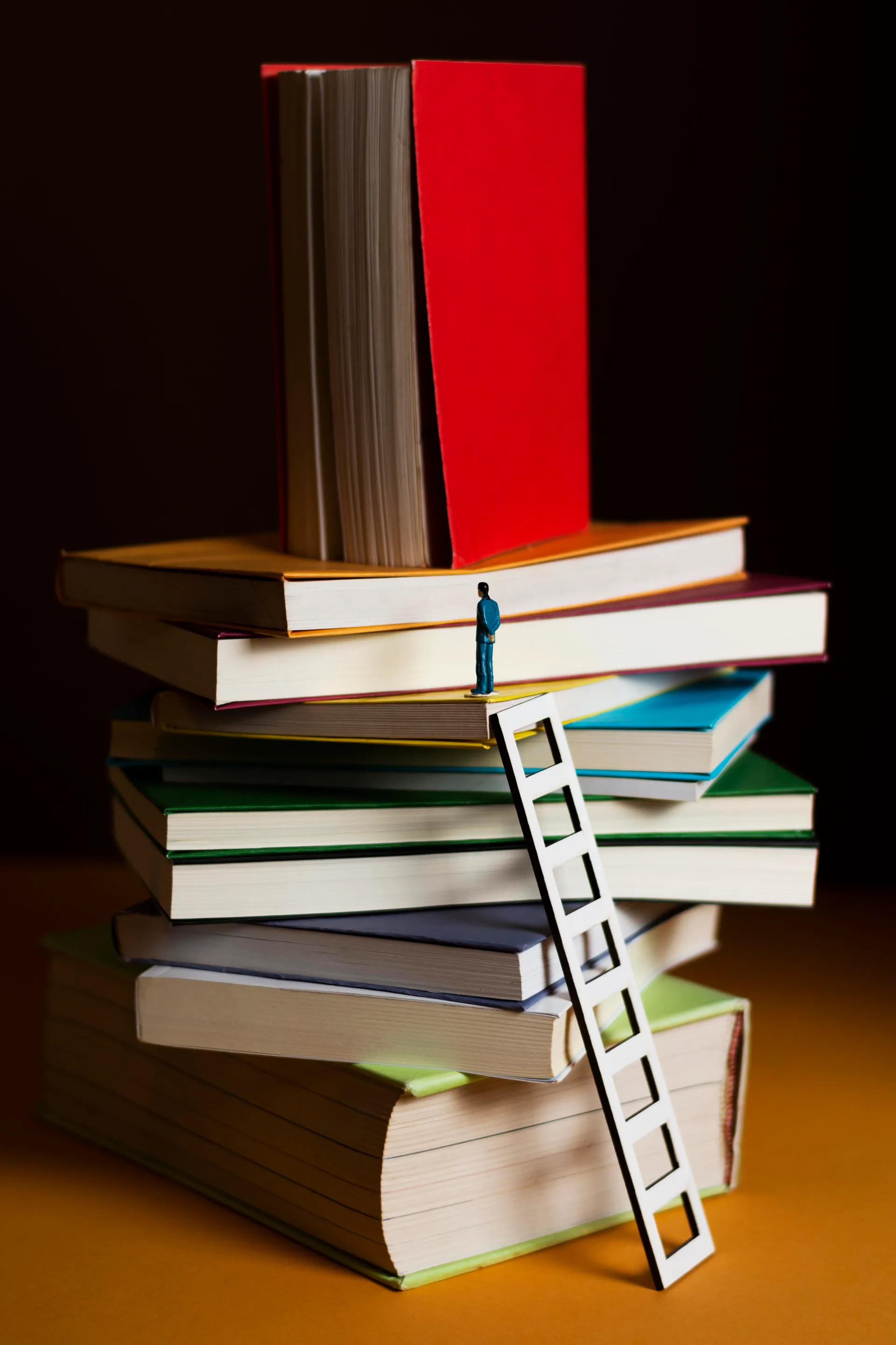 Stacked books with a miniature ladder