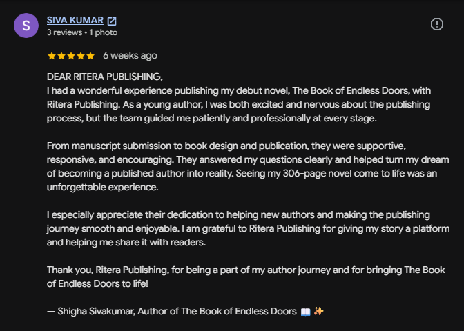 Five-star Google review from Siva Kumar about publishing The Book of Endless Doors with Ritera