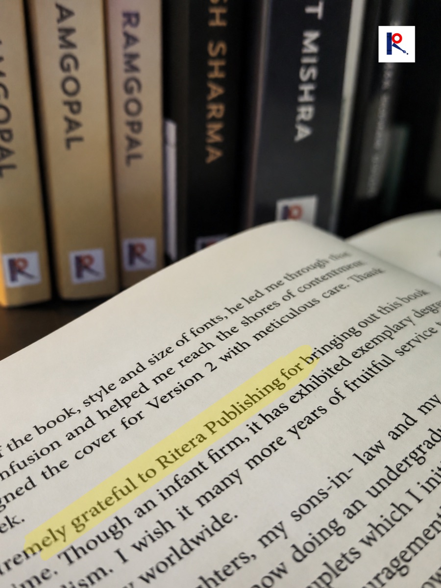 A published book's acknowledgements page with 'extremely grateful to Ritera Publishing' highlighted