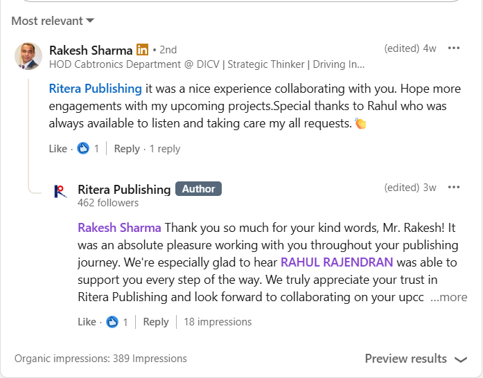 LinkedIn thread where Rakesh Sharma thanks Ritera Publishing, with a reply from the team